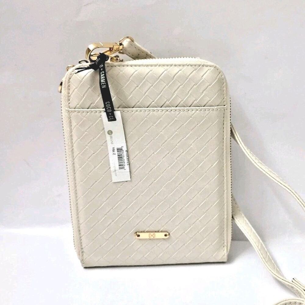 Coco+Carmen Cream Crossbody Organizer Wallet Purse Herringbone Adjustable Strap